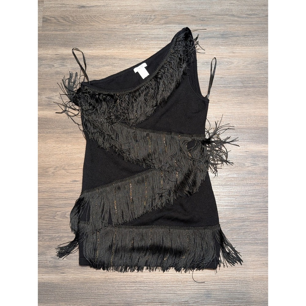 Cache Black‎ One Shoulder Tiered Fringe Knit Party Dress Large L RN 74578